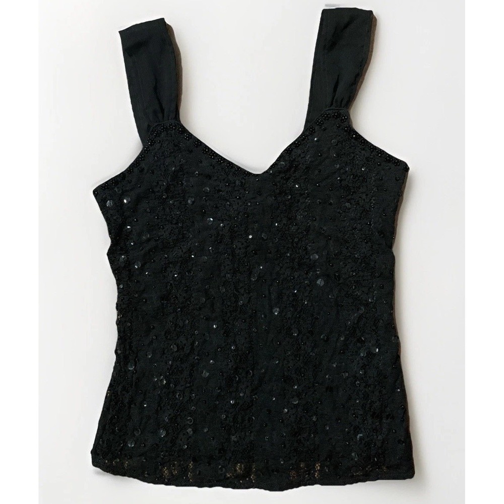 White House Black Market Top Womens Dress Black Sequin Beaded Sleeveless Lace XS